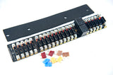 a fuse panel on a white background with individual fuses loose in front of it on a white background