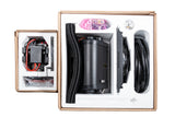 A range of components and parts that make up an electric air conditioning system for a porsche 911 in two boxes one large one small on a white background