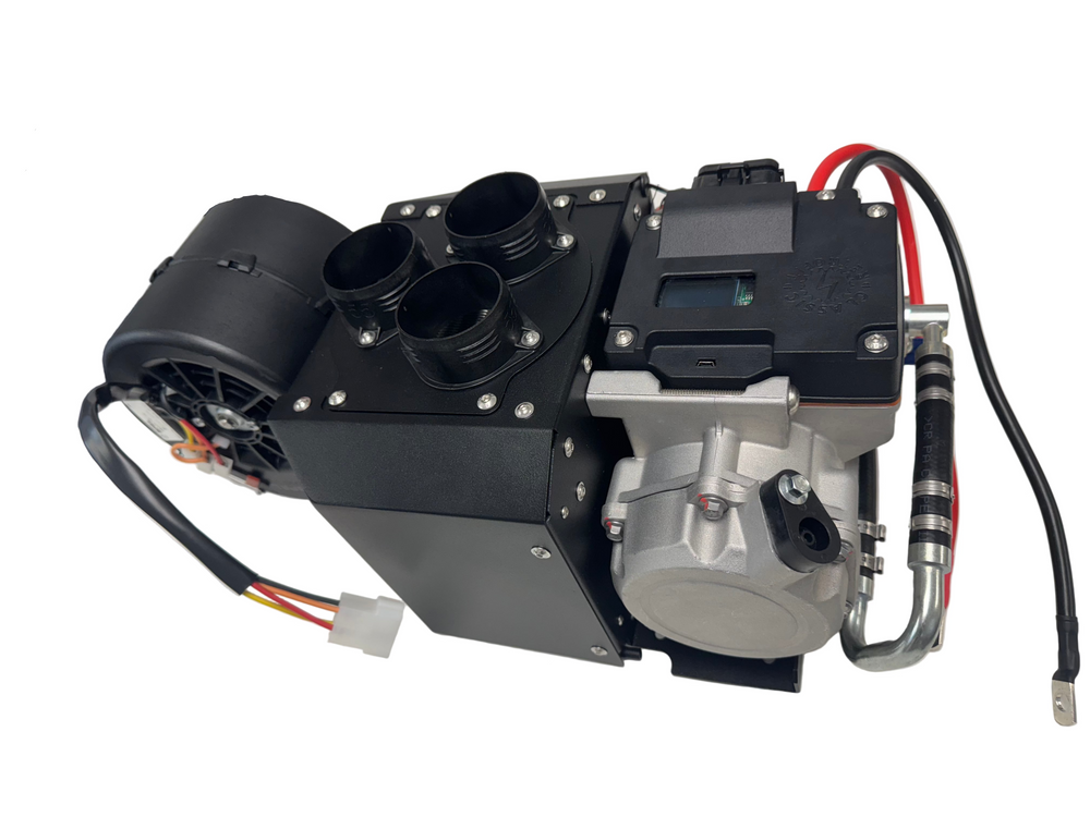 Electric air conditioning unit for a race car on a white background