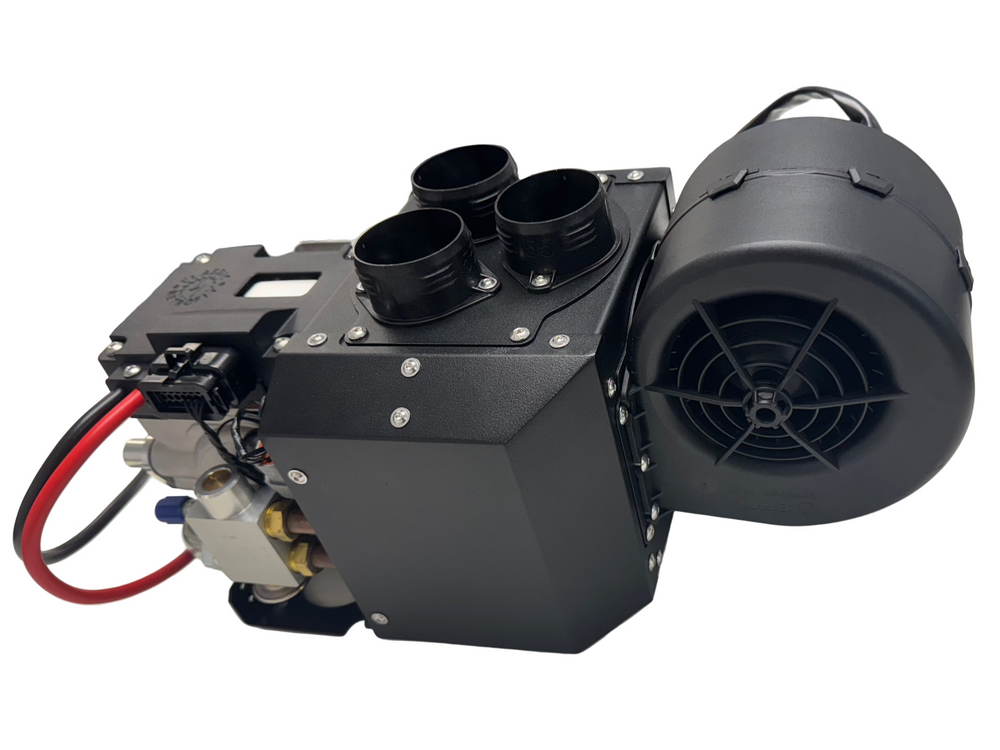 A black metal and plastic electric air conditioning unit for race car applications