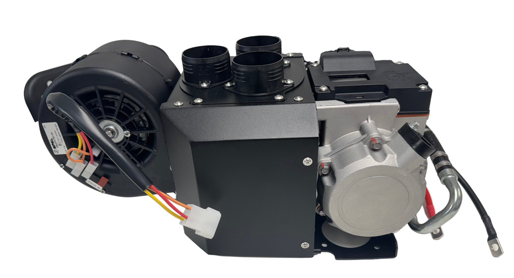 Electric air conditioning unit specifically for race and track cars on a white background