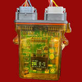 Electronic module with visible circuitry and connectors on a mechanical background