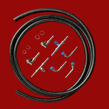 Set of black hoses and metal connectors on a red background