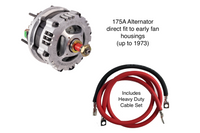 An upgraded high output alternator with a heavy duty cable set with red and black cables with crimped ends