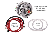 An upgraded high output alternator with a heavy duty cable set with red and black cables and adaptor rings